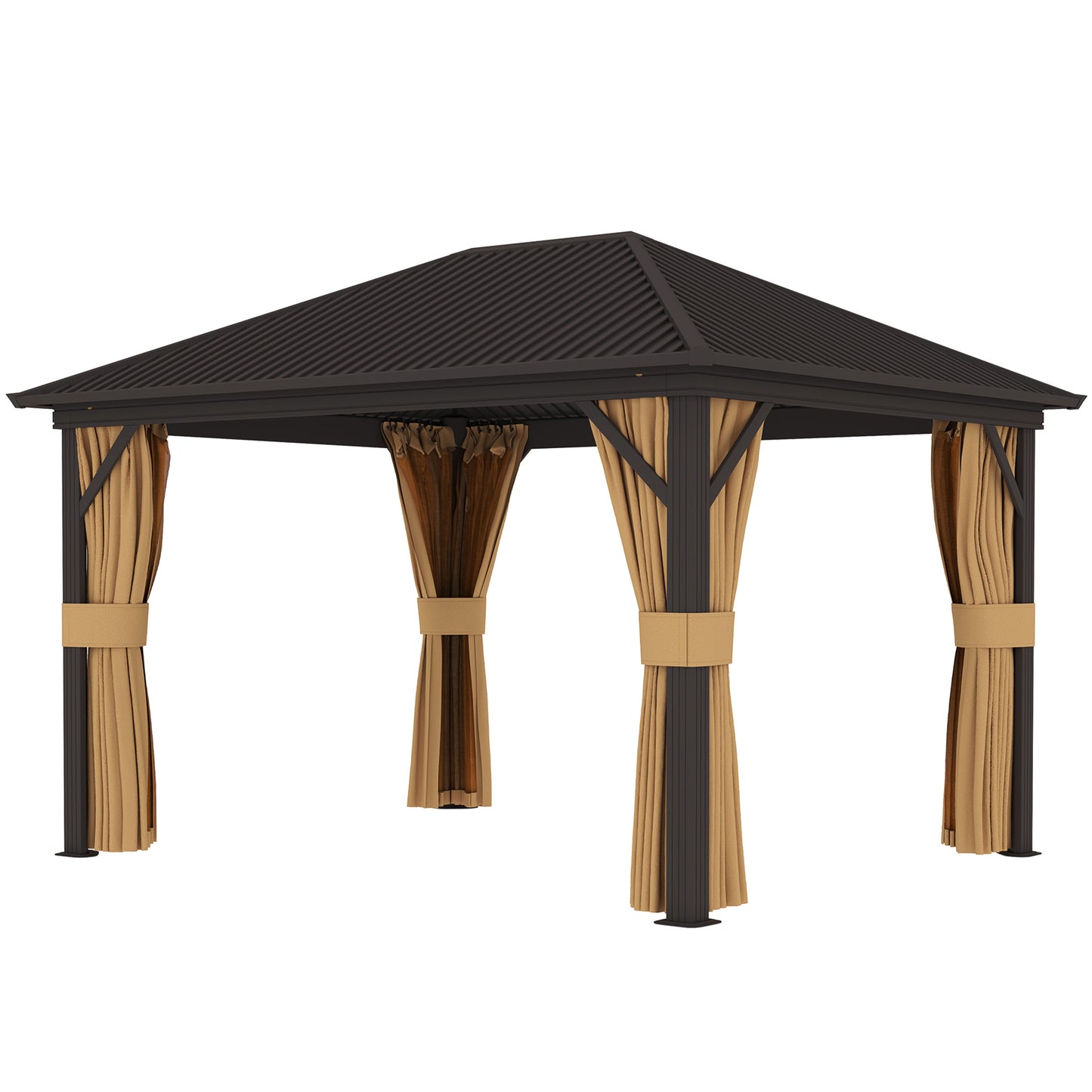 Gazebo 10' x 12' avec toit rigide en métal et cadre en aluminium, filets en maille, marron