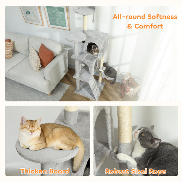 Arbre à chat de 160 cm avec griffoirs, cabanes, perchoirs, hamac, échelle, gris clair