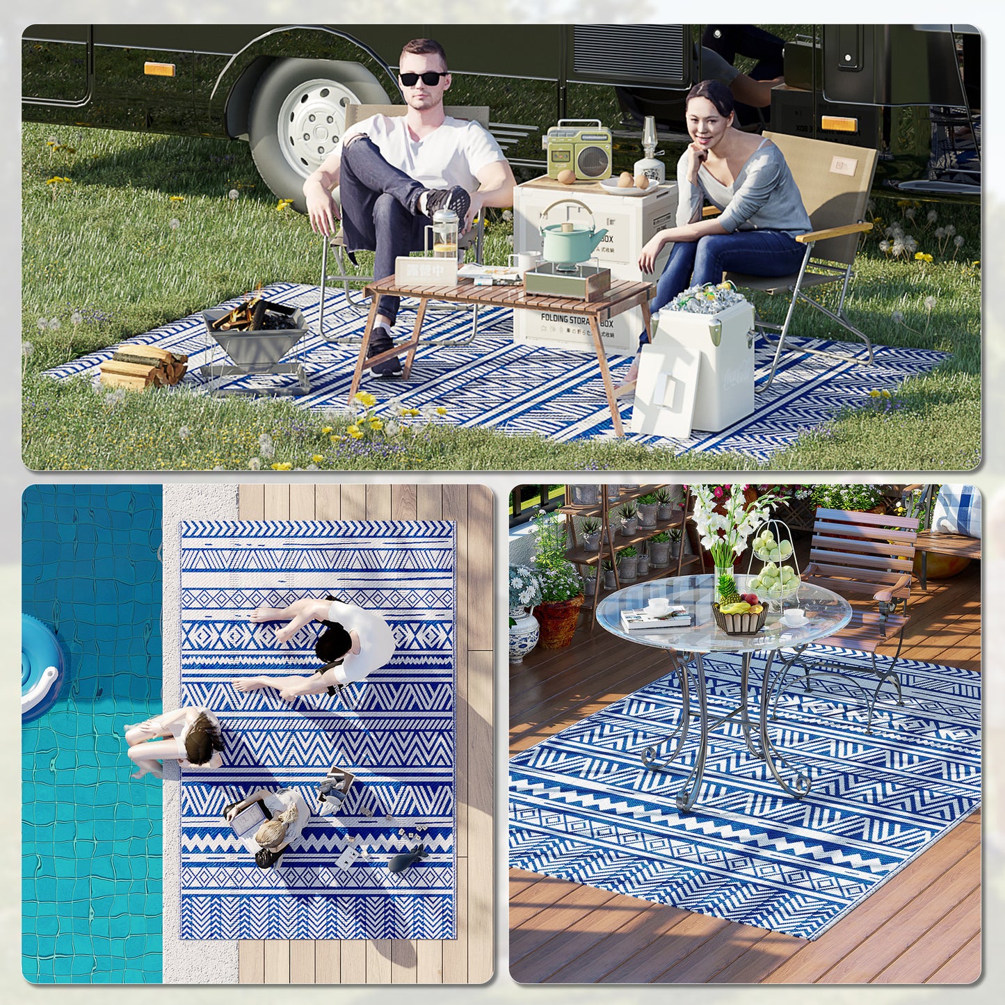 Tapis de sol de patio, tapis en plastique 6' x 9' pour jardin, terrasse, plage, camping, bleu foncé et blanc