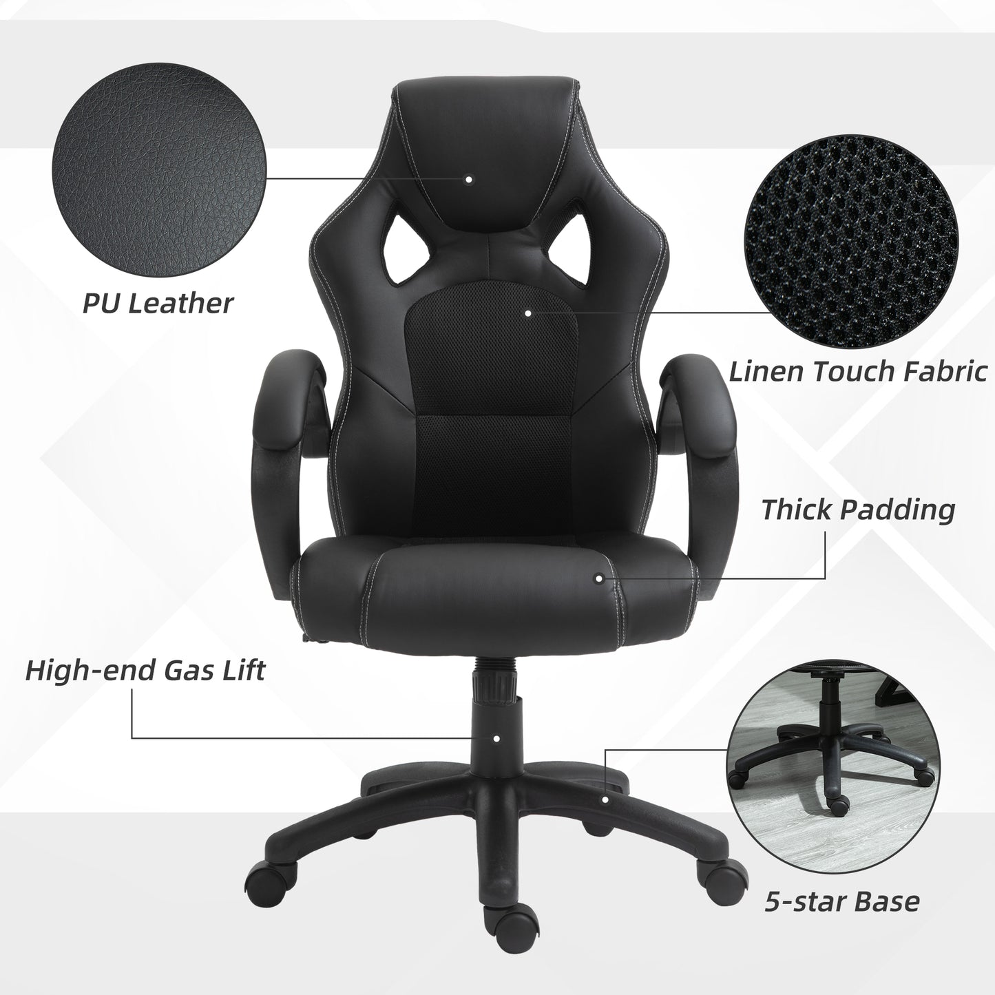 Racing Gaming Office Chair with Swivel Casters, Padded Headrest and Tilt Function, Black