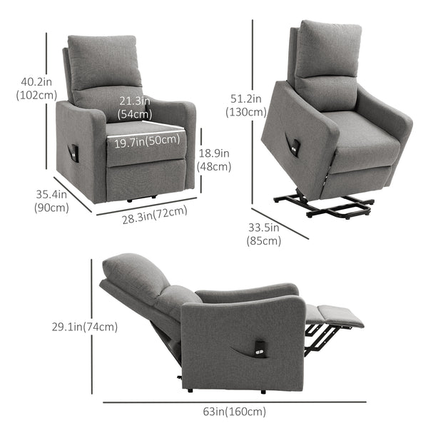 Fauteuil inclinable électrique relevable en tissu avec télécommande et poche latérale, gris