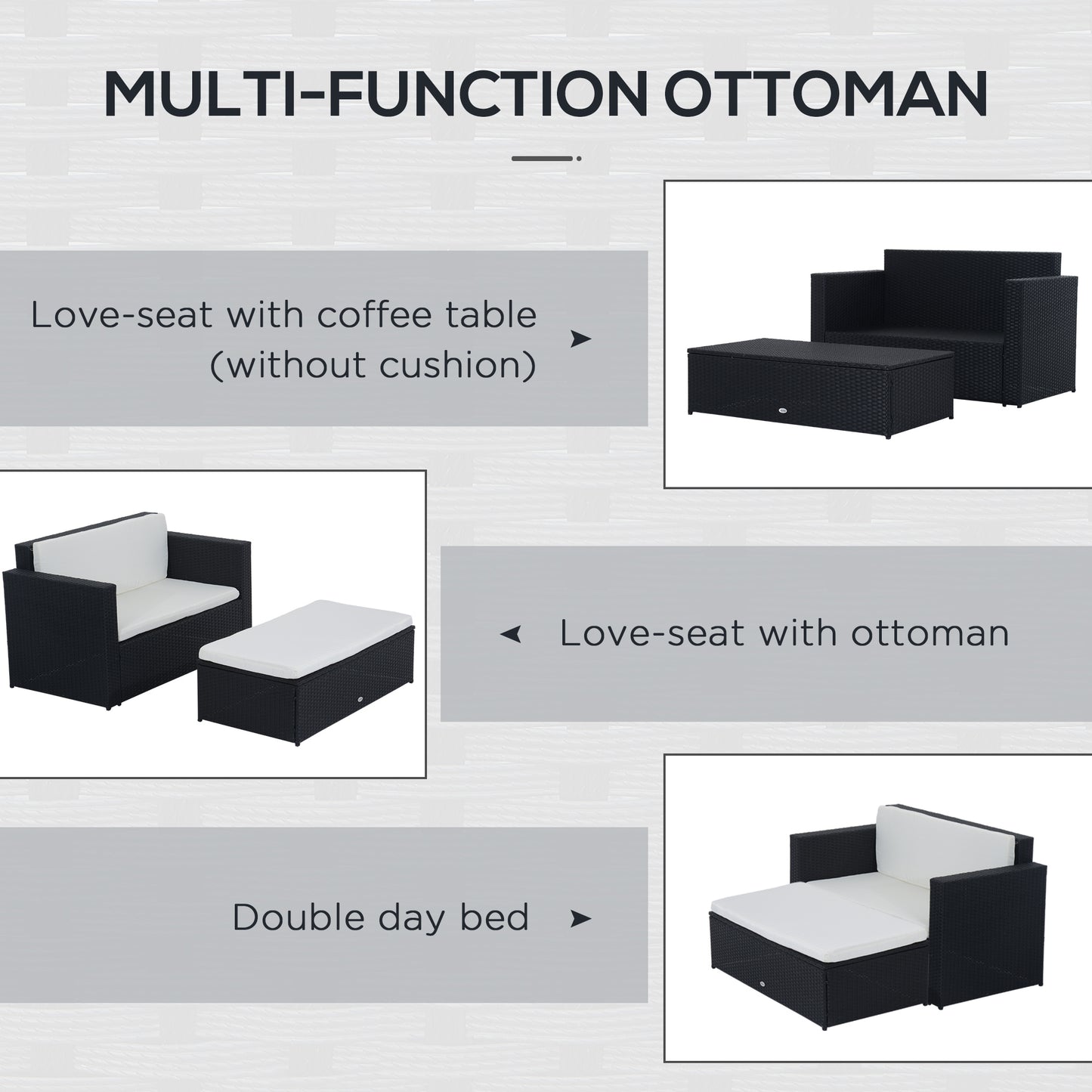 Outsunny 2 Piece Wicker Patio Furniture Set with Double Ottoman, Synthetic Rattan Garden Lounge Set with Loveseat and Two Seater Ottoman, Cream White