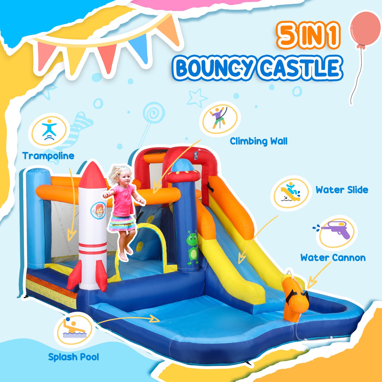 5-in-1 inflatable castle for children with 550W blower, paddling pool, jumping area, climbing wall and cannon
