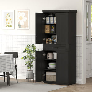 Garde-manger de 72 pouces avec 4 portes, tiroir et 3 étagères réglables, noir