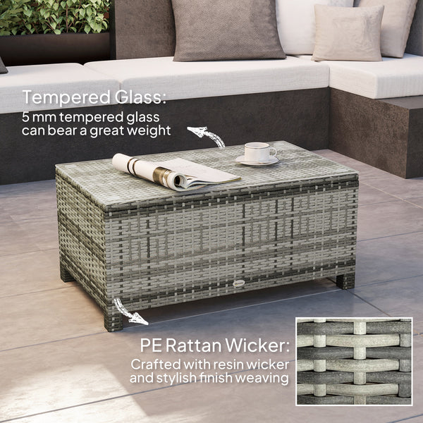 Table basse en rotin et osier avec plateau en verre, mobilier de jardin extérieur, marron trempé