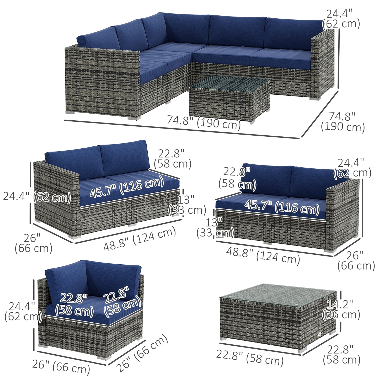 Outsunny 4 Piece Wicker Rattan Patio Furniture Set with Corner Sofa, Loveseats and Coffee Table Cushions, Navy Blue