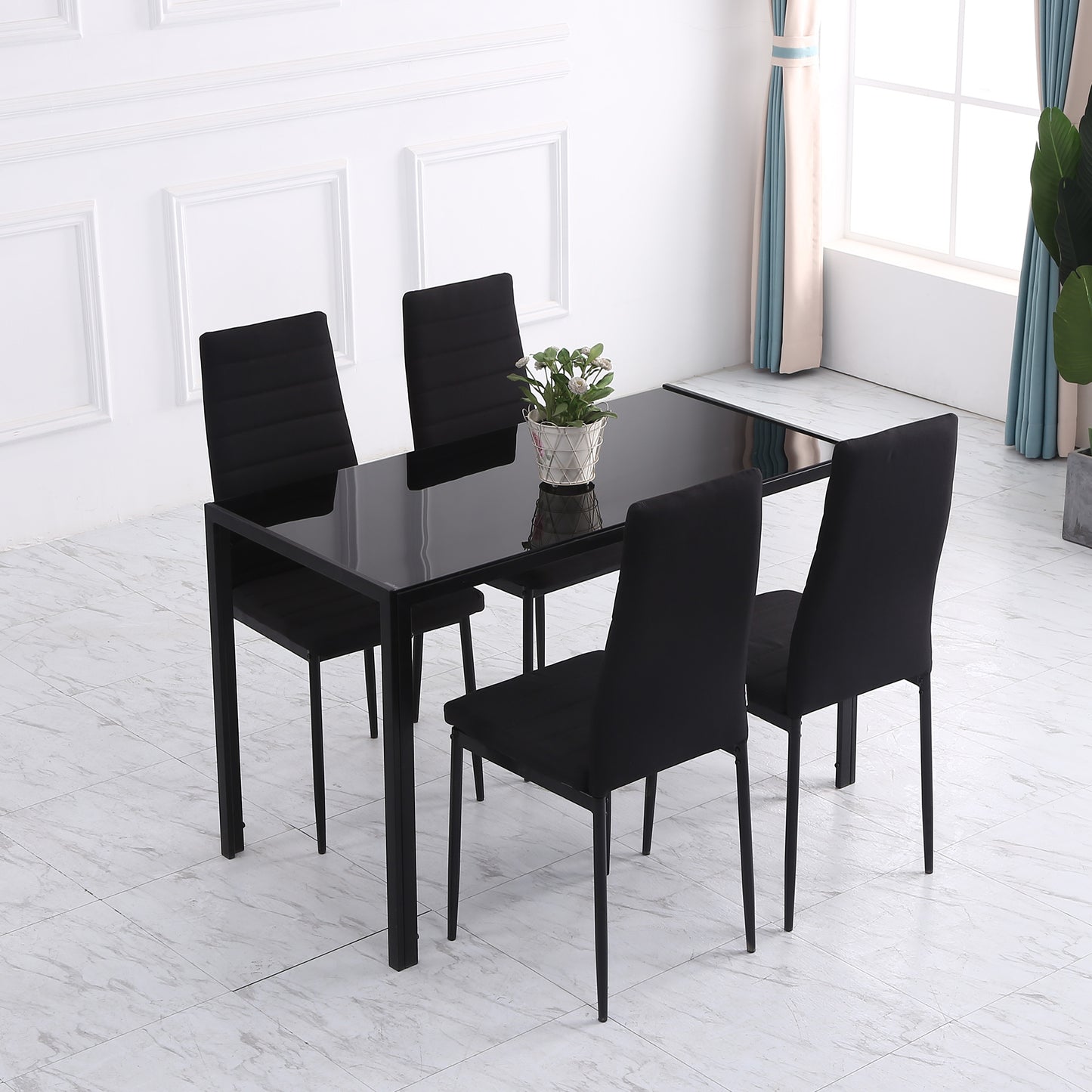 Lot de 4 chaises de salle à manger à dossier haut en lin rembourré avec pieds en métal, noir