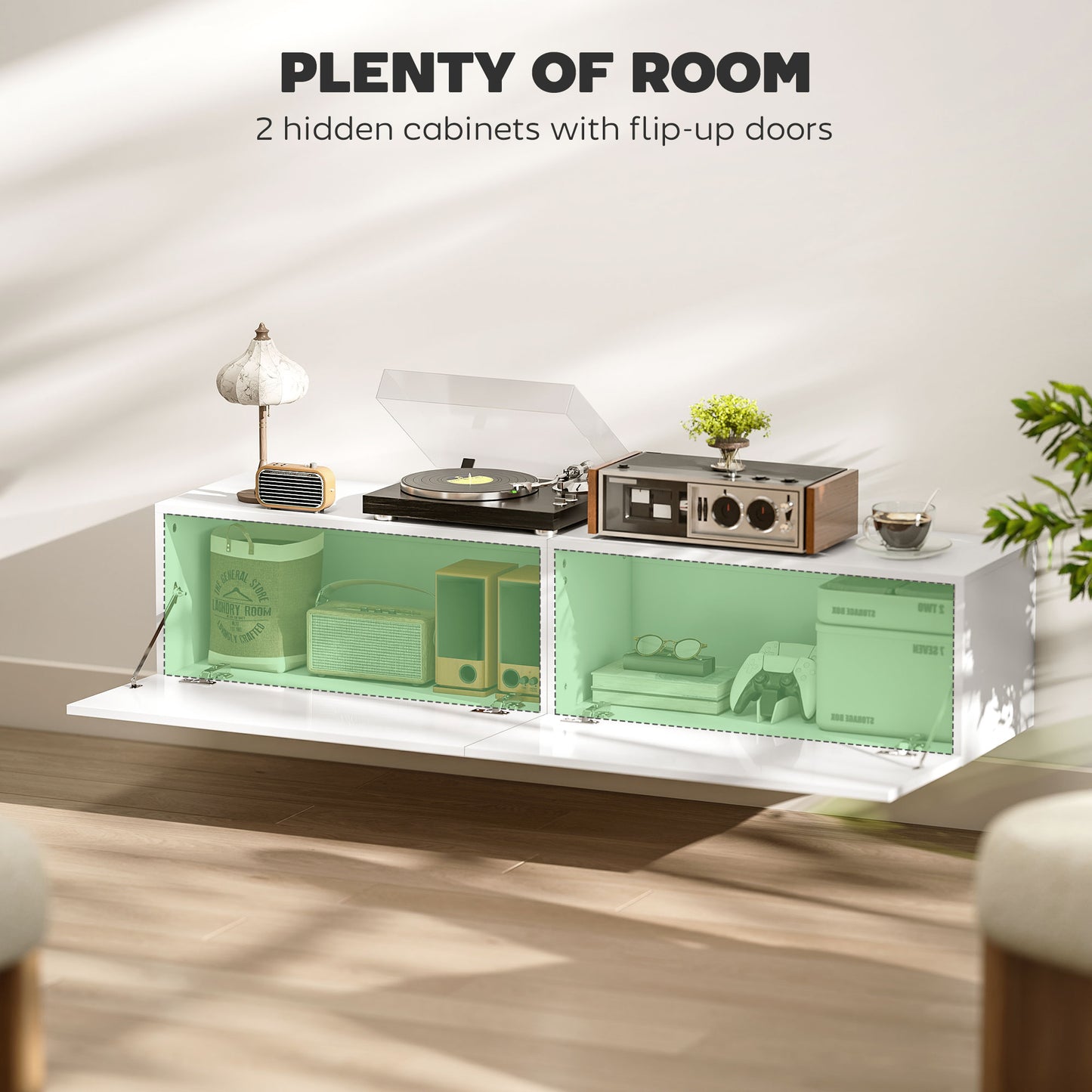 Meuble TV mural avec rangements pour téléviseurs 45, 55 et 65 pouces, blanc