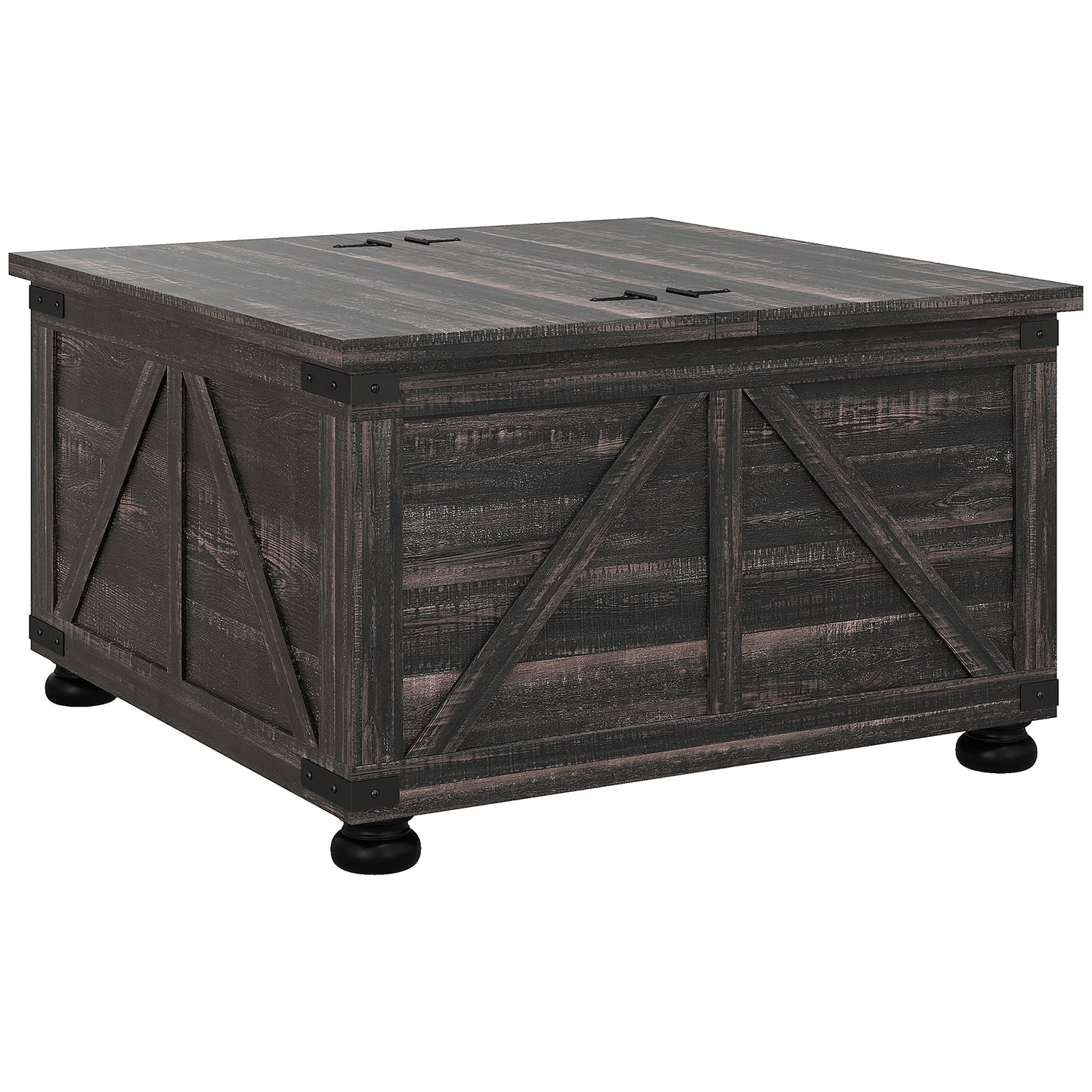 Table basse de style ferme avec couvercles rabattables, compartiment de rangement dissimulé et pieds en bois, marron vieilli