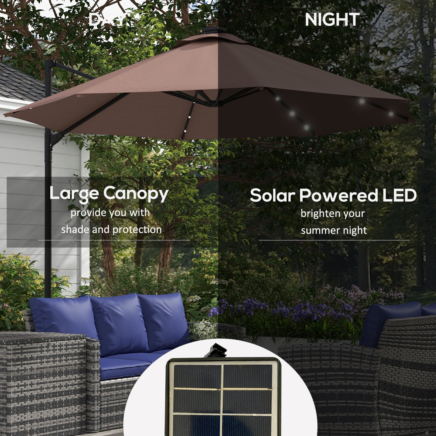 Parasol déporté 9,5'x8,5' avec lumières LED à énergie solaire,