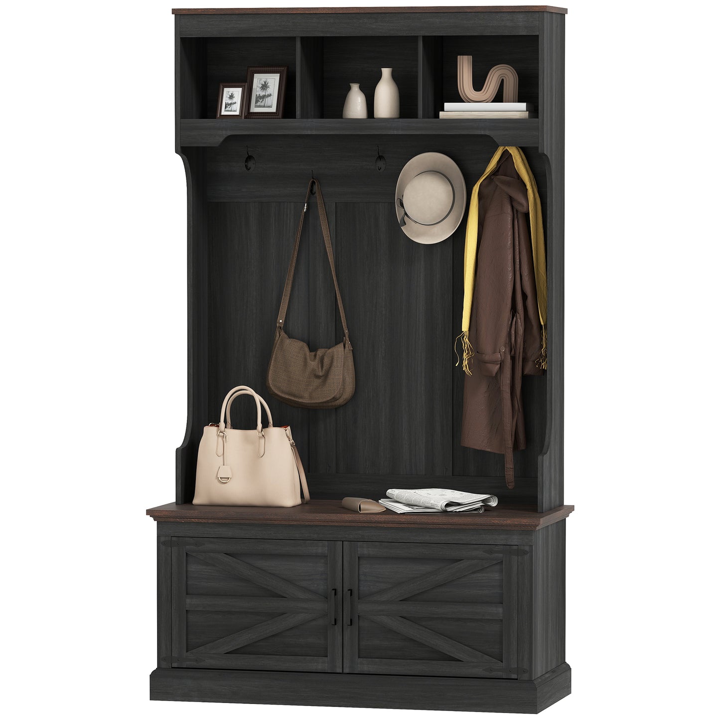 Meuble d'entrée 3 en 1 avec banc, porte-manteau et rangement pour chaussures, noir vieilli