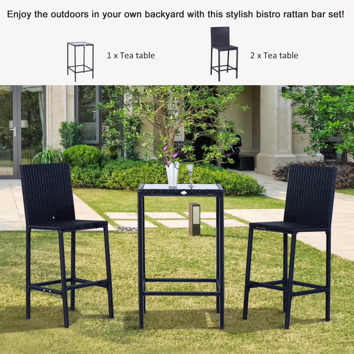 Outsunny 3 Piece Wicker Rattan Garden Bar Set, Bar Stool and Table for Patio, Garden, Balcony, Poolside, Black