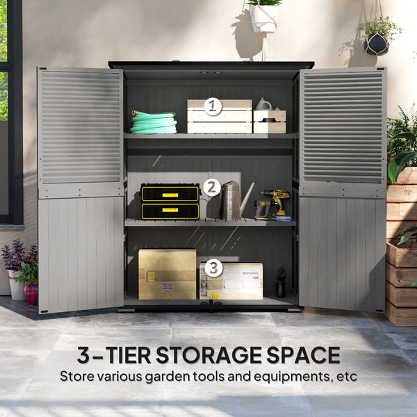 Wooden garden shed, steel frame, asphalt roof, 2 shelves and lockable doors, gray