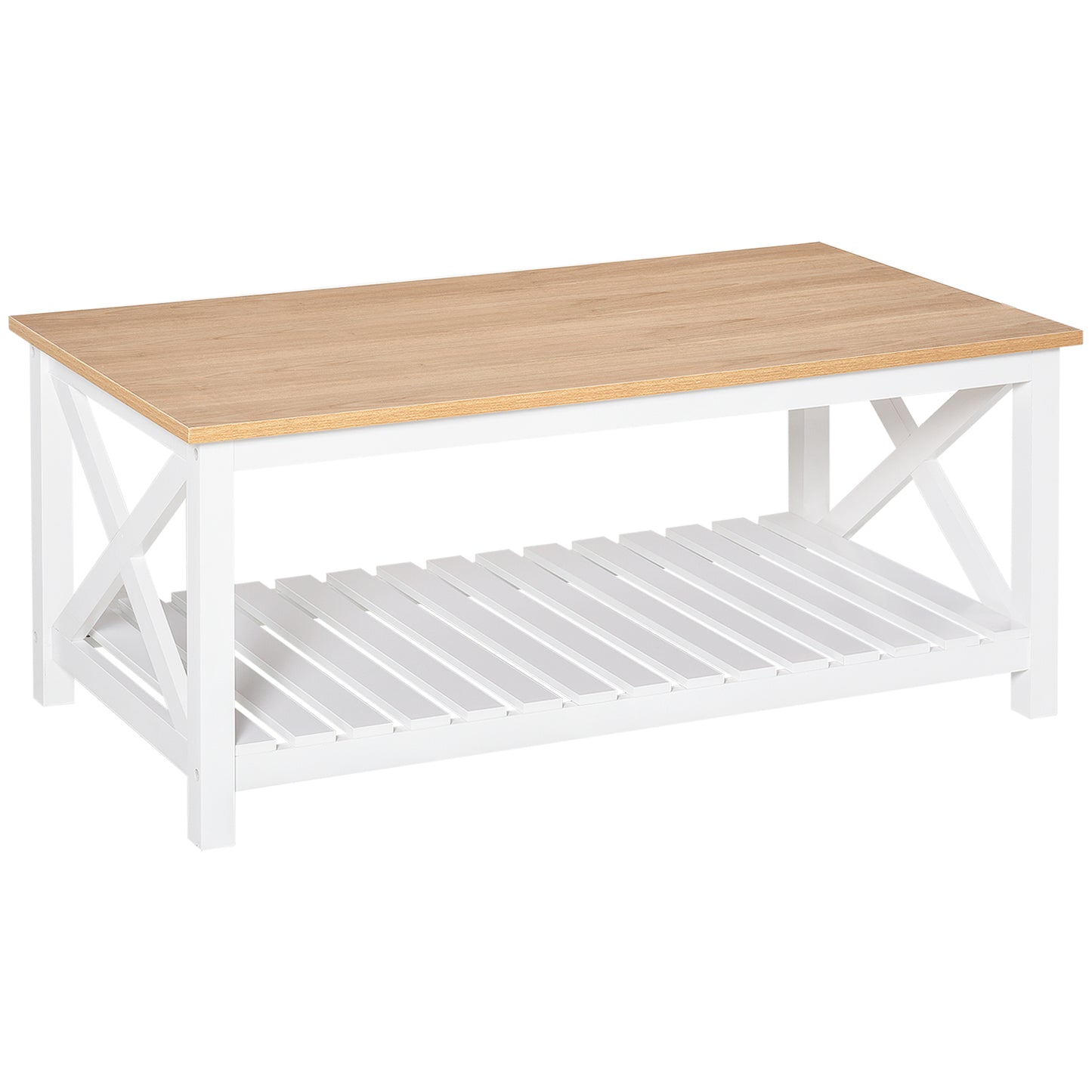 Table basse de style campagnard avec étagère inférieure à lattes, blanc, naturel