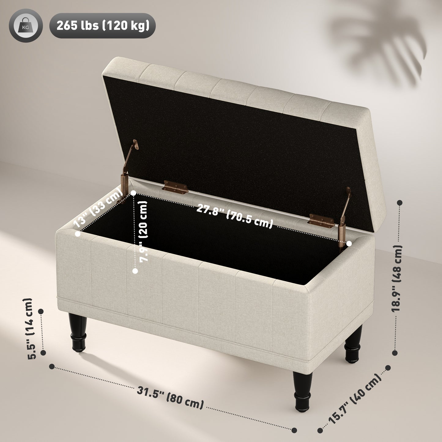 Pouf de rangement, banc de chevet en tissu lin avec capitonnage à boutons, beige