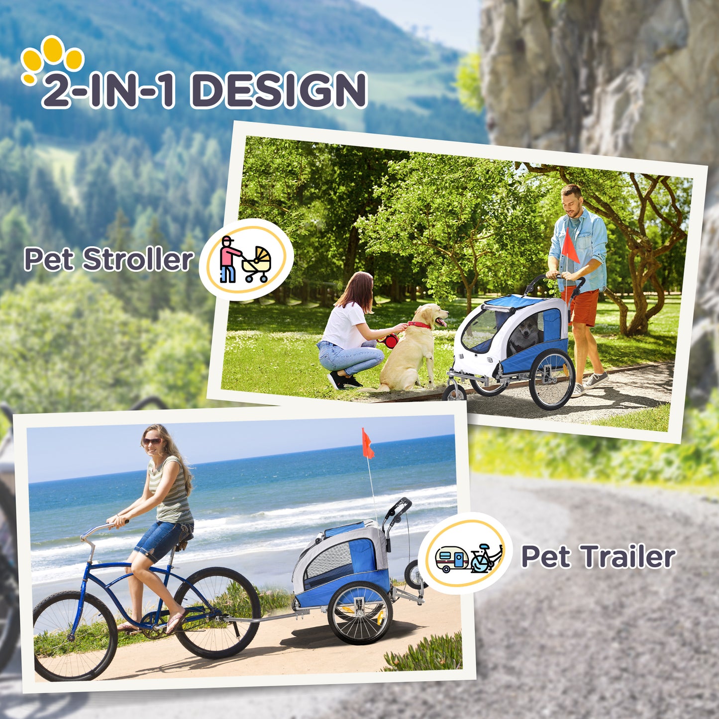 2-in-1 Dog Bike Trailer, Travel Mount with Suspension, Hitch, Storage Pockets, Blue