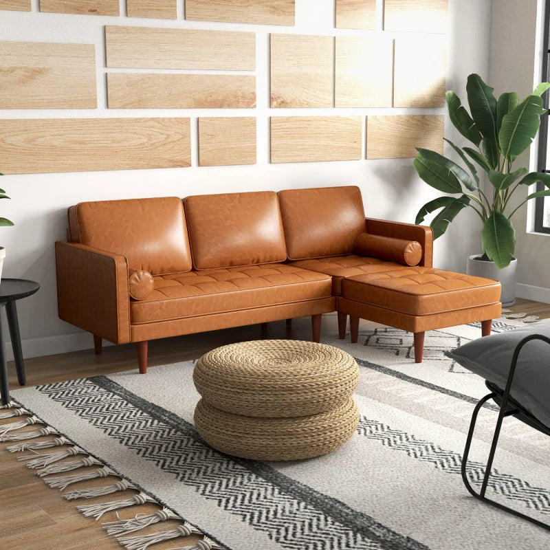 Canapé d'angle sectionnel en similicuir avec repose-pieds et 2 coussins traversins, marron