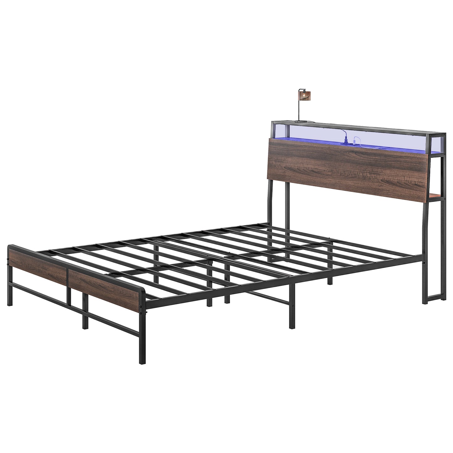 Cadre de lit Queen Size avec éclairage LED et station de charge, noyer