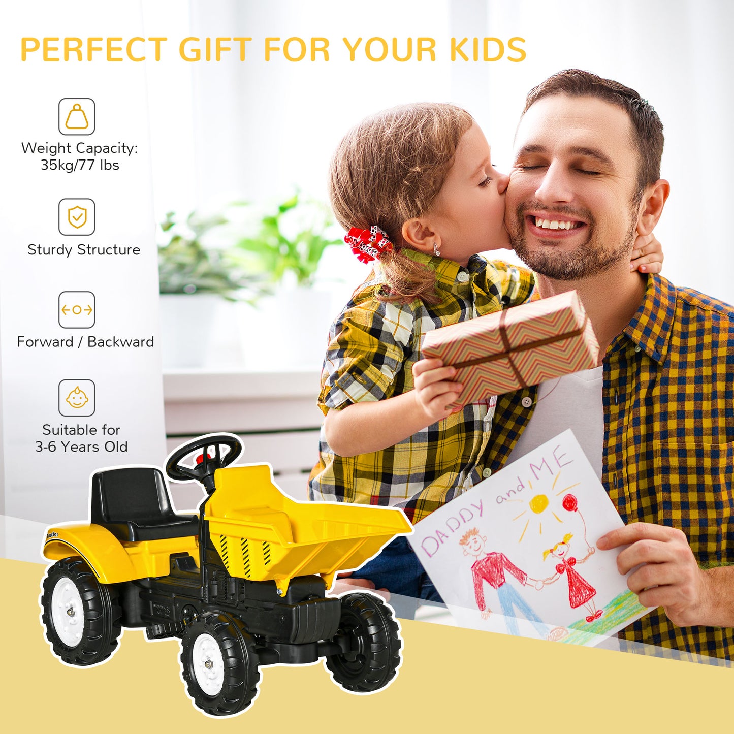 Pedal Tractor for 3 Year Olds with Hand Operated Bucket, Yellow