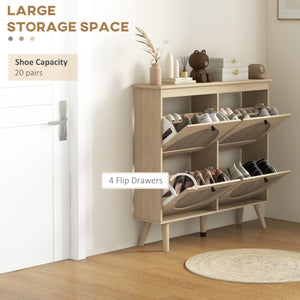 Meuble à chaussures d'entrée avec 4 tiroirs rabattables et étagères réglables pour 20 paires de chaussures, chêne