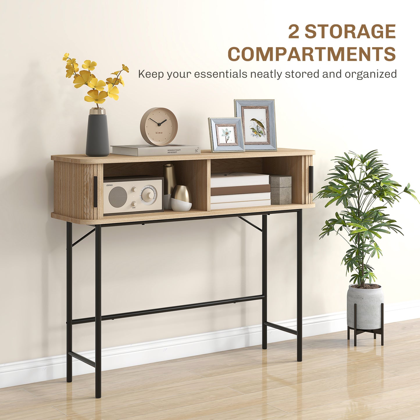 Console étroite avec portes coulissantes à lattes et pieds en acier, chêne et noir