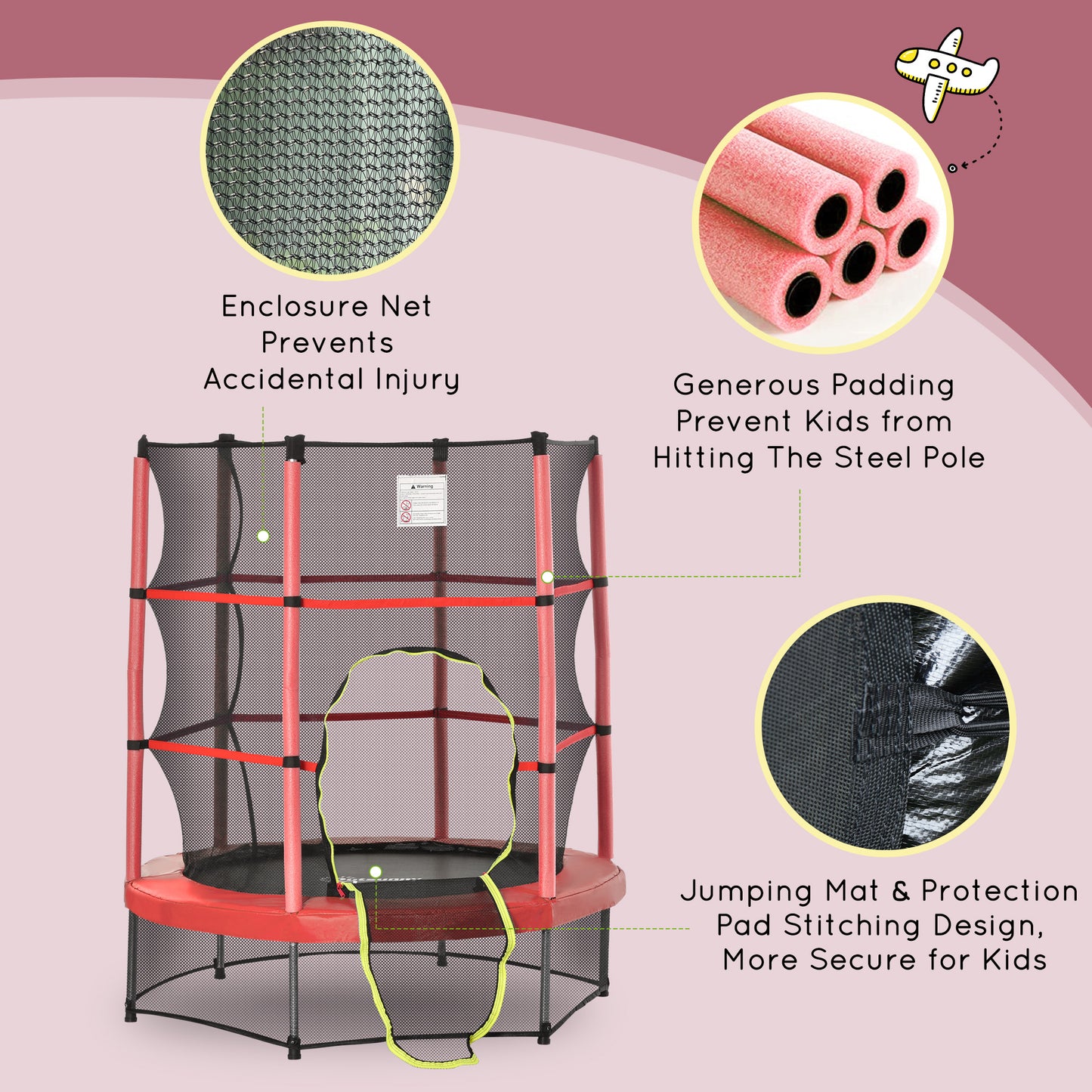 Outsunny 55" Kids Trampoline with Enclosure Net for Indoor/Outdoor, for Boys and Girls Ages 3-6, Red