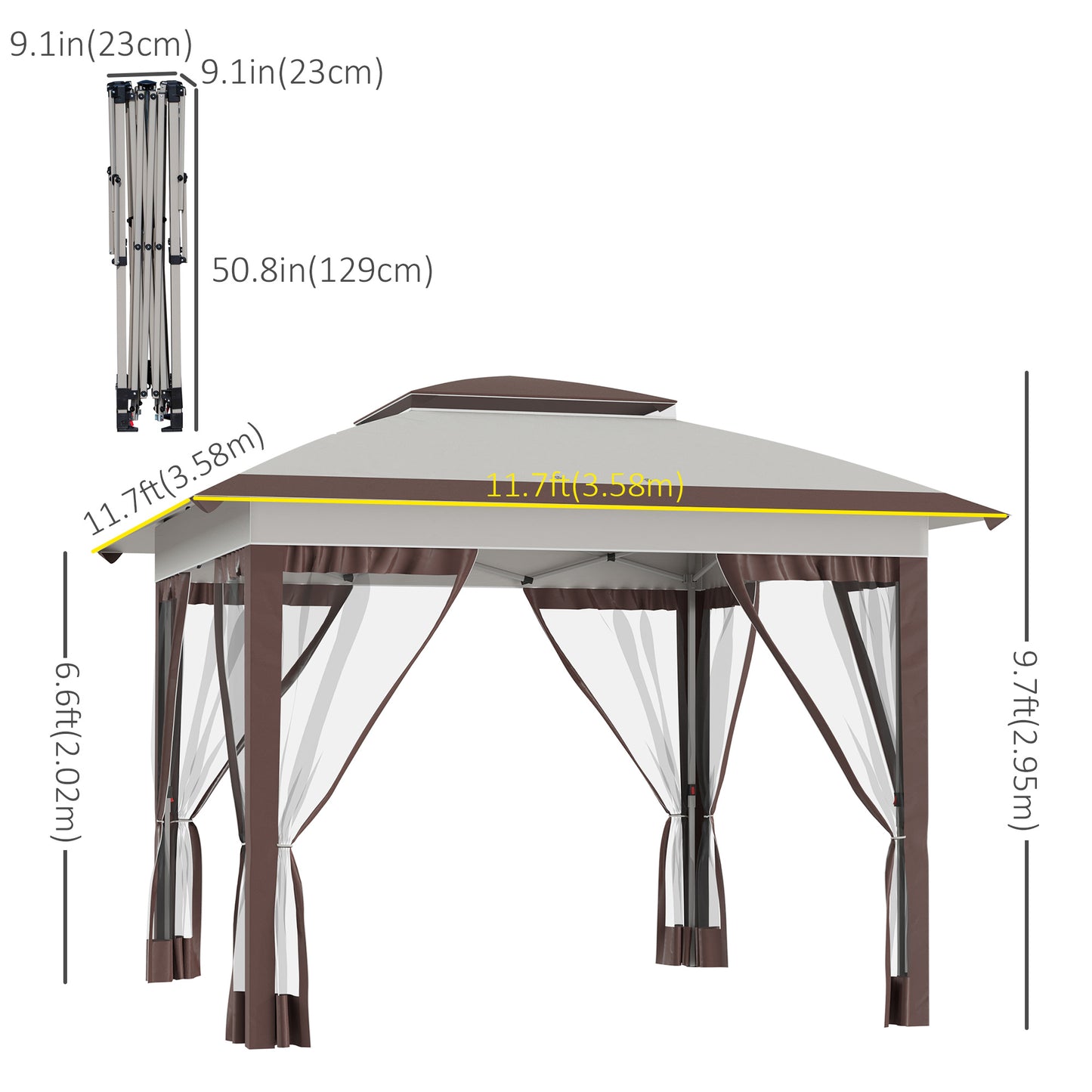 Gazebo 12' x 12' Pop Up pliante instantanée avec parois latérales en maille, hauteur réglable sur 3 niveaux et sac de rangement, beige