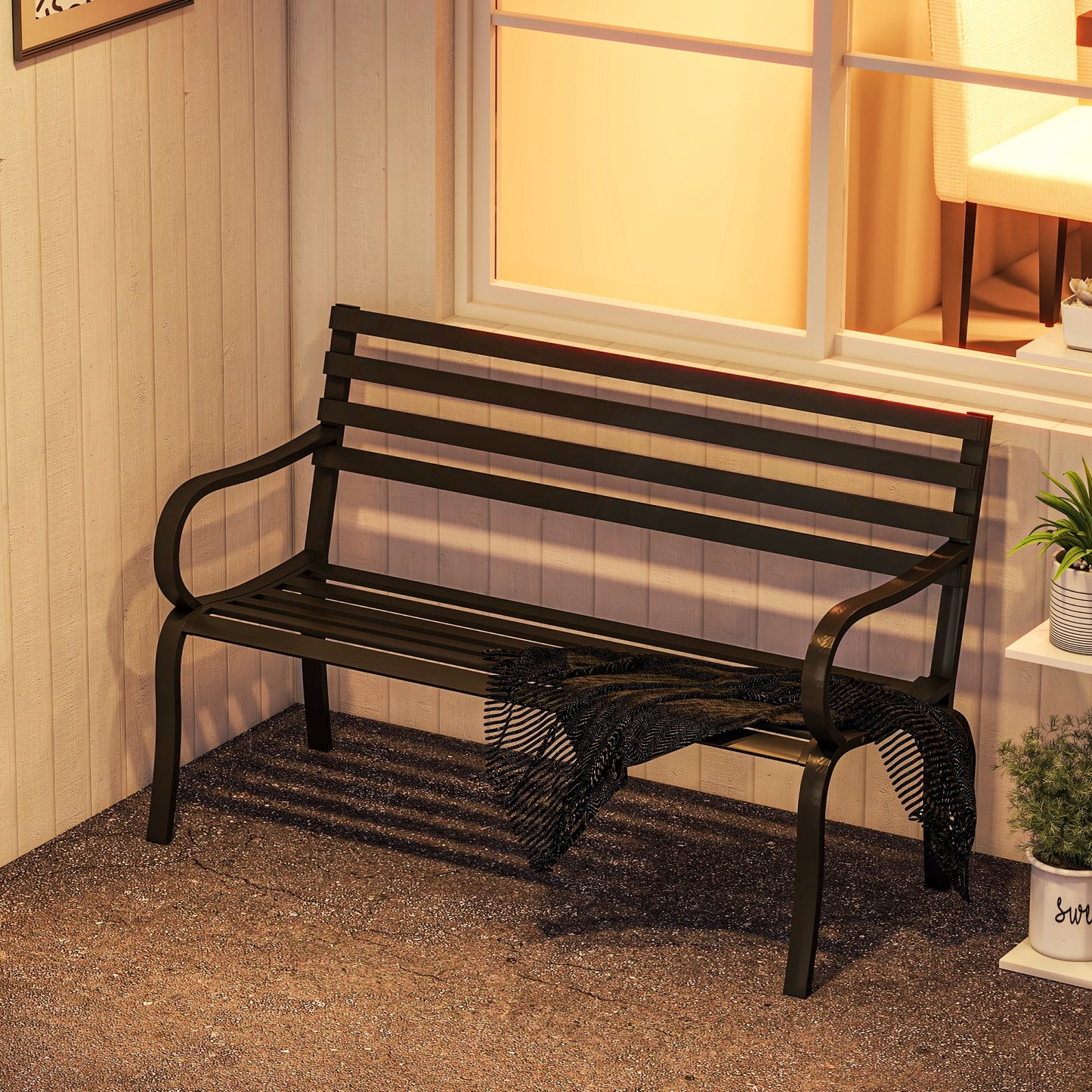 Outsunny 2 Seater Garden Bench, Metal Outdoor Bench for Yard, Lawn, Porch, Black