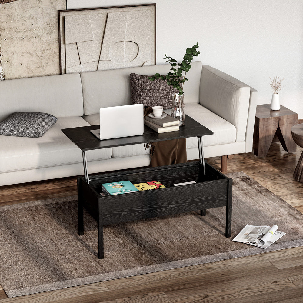Table basse moderne avec plateau relevable et compartiment de rangement dissimulé, noire