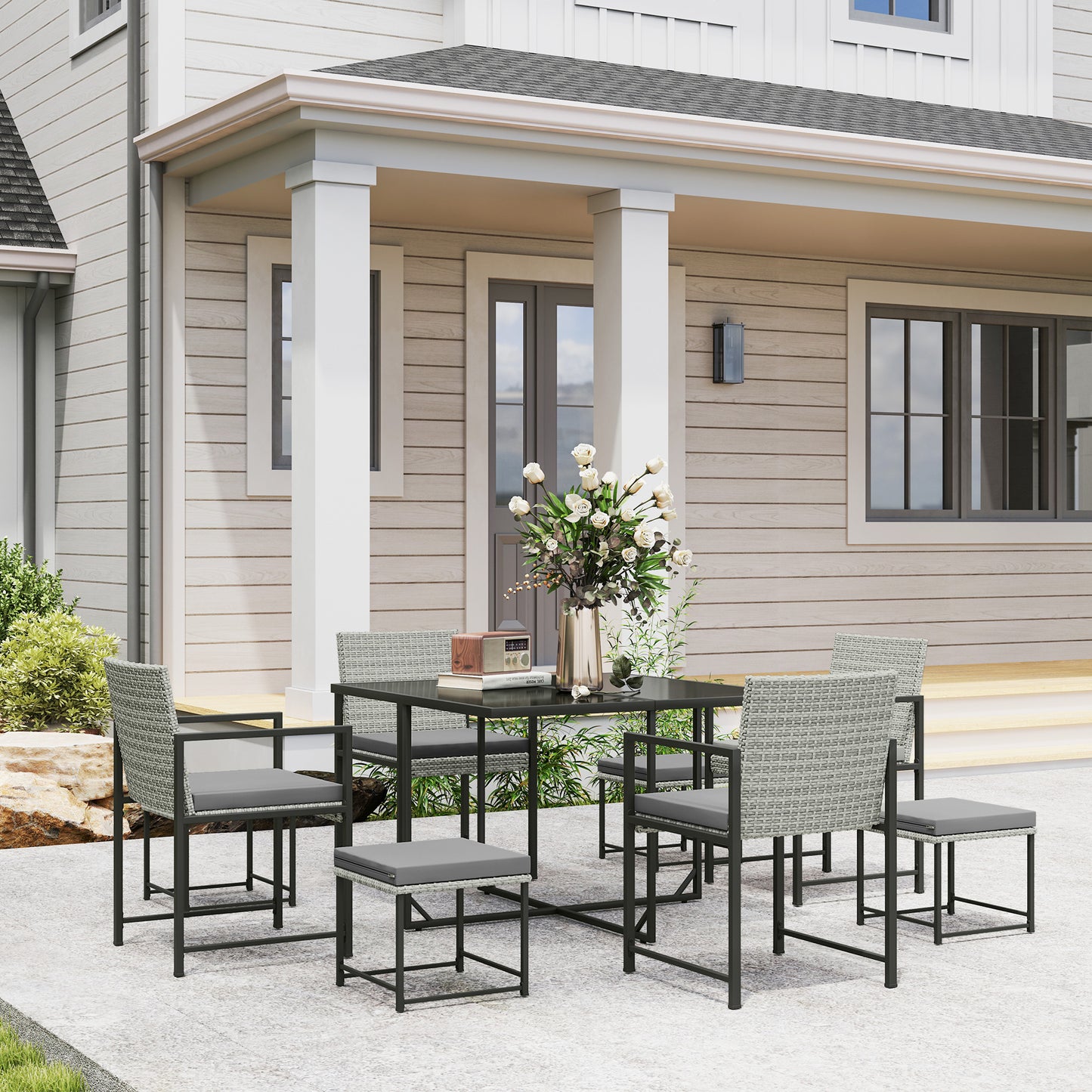 9-Piece Wicker Patio Dining Set with 4 Armchairs, 4 Stools, Tempered Glass Top, Removable Cushions, Light Gray