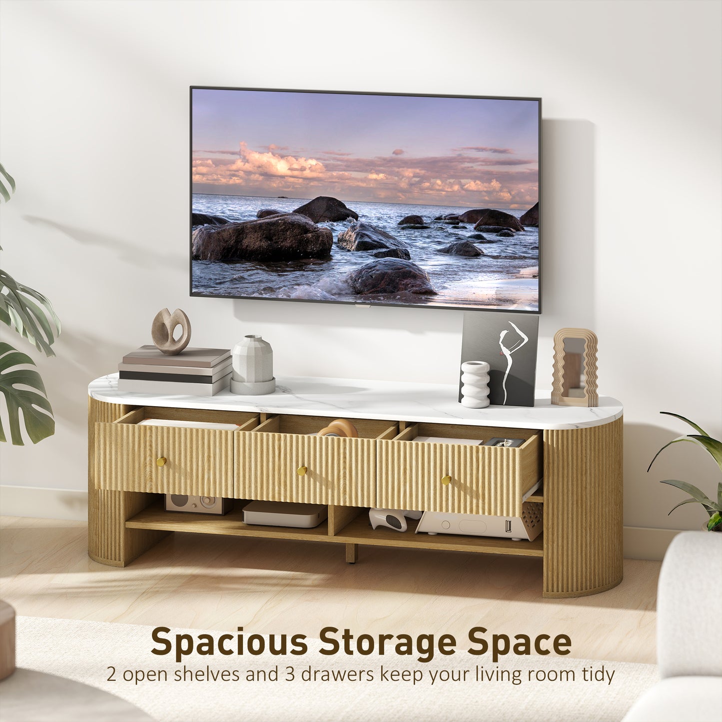 Meuble TV moderne avec plateau effet marbre, 3 tiroirs et 2 étagères ouvertes pour téléviseur de 32 à 65 pouces, naturel