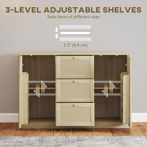 Buffet Boho avec 3 tiroirs, 2 étagères réglables et 4 étagères, naturel