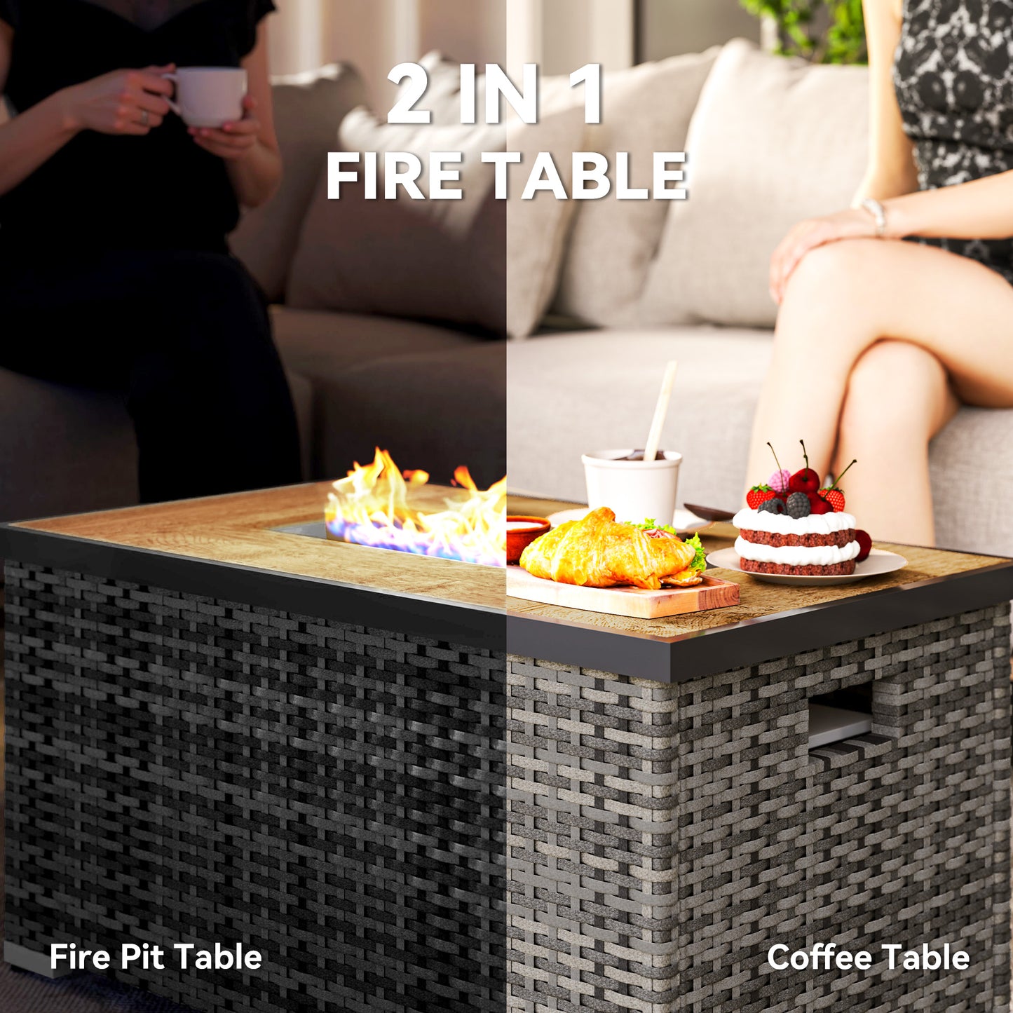 Table de foyer au propane 32 po en rotin de 40 000 BTU avec support de bouteille de propane dissimulé et housse imperméable