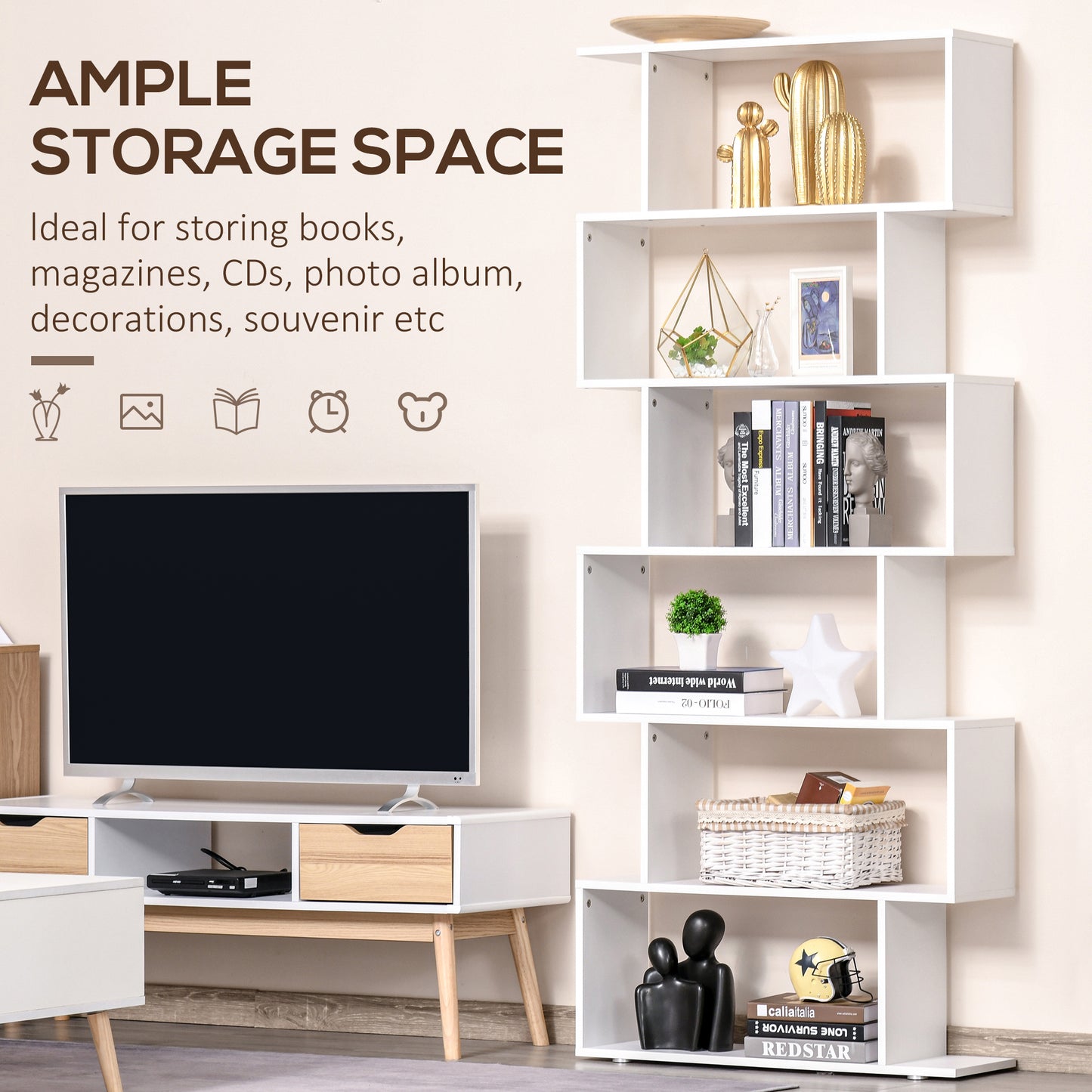 6-Tier 76-Inch Geometric Wooden Bookcase, White
