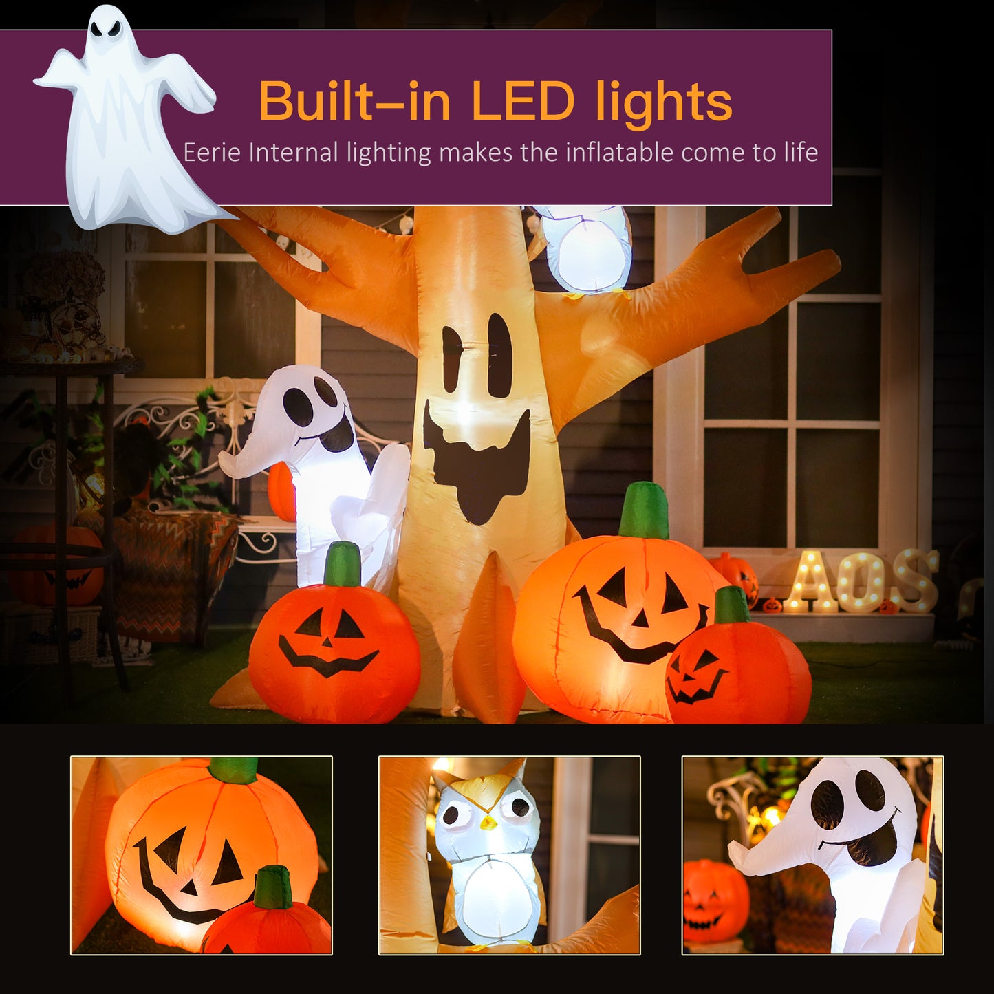 Décoration gonflable arbre hanté avec hibou, fantôme, citrouilles, affichage LED