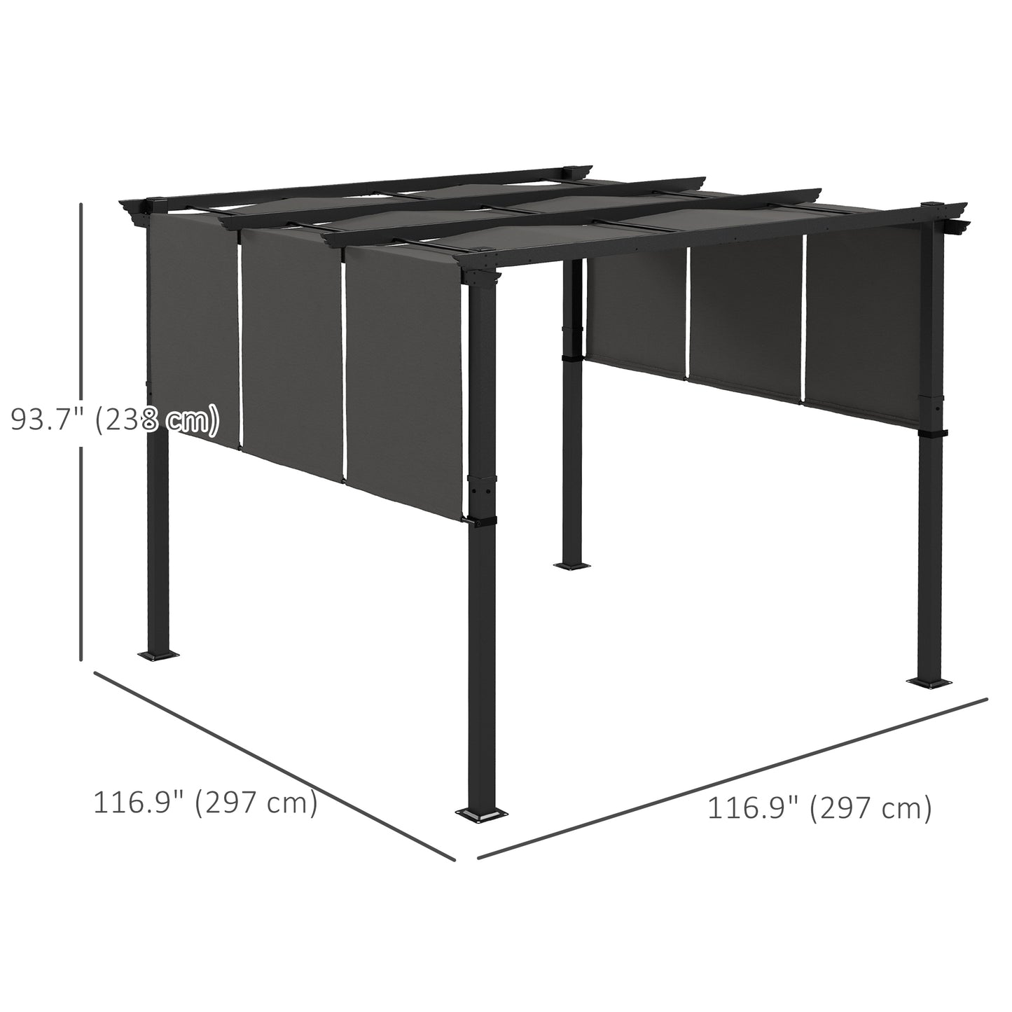 Pergola en métal 10' x 10' d'extérieur avec auvent rétractable, gris anthracite