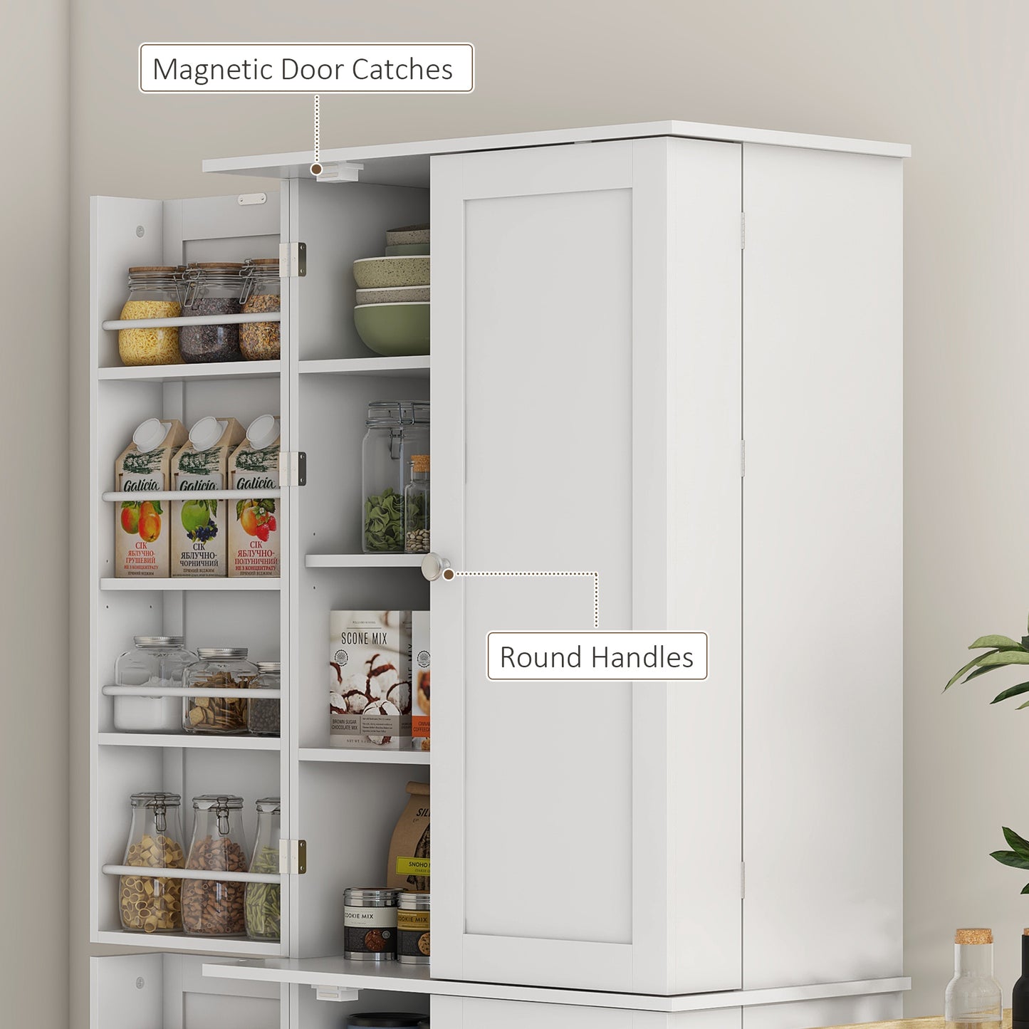 65-inch Kitchen Cabinet, Pantry with 4 Doors and 16 Shelves for Dining Room, White