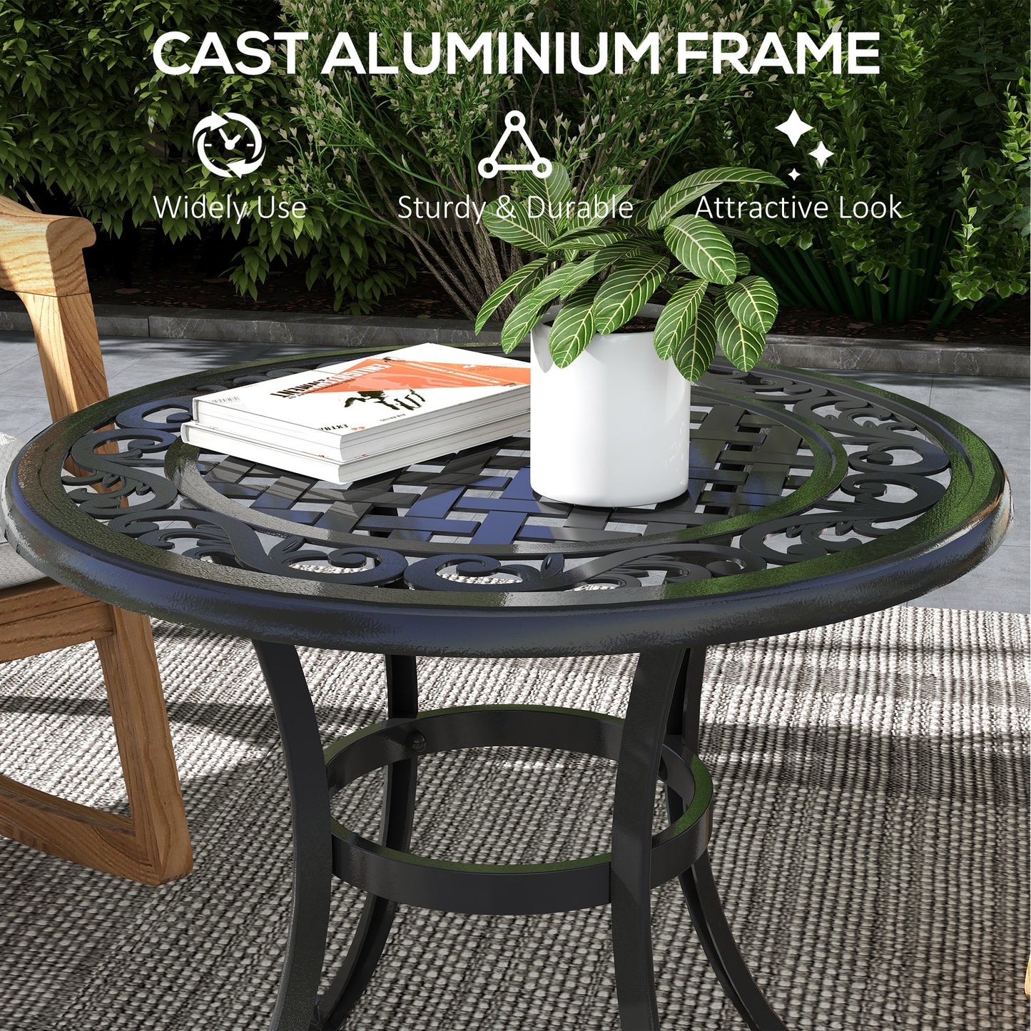 Table de patio avec cadre en aluminium moulé, pieds réglables pour terrasse, jardin et balcon, noire