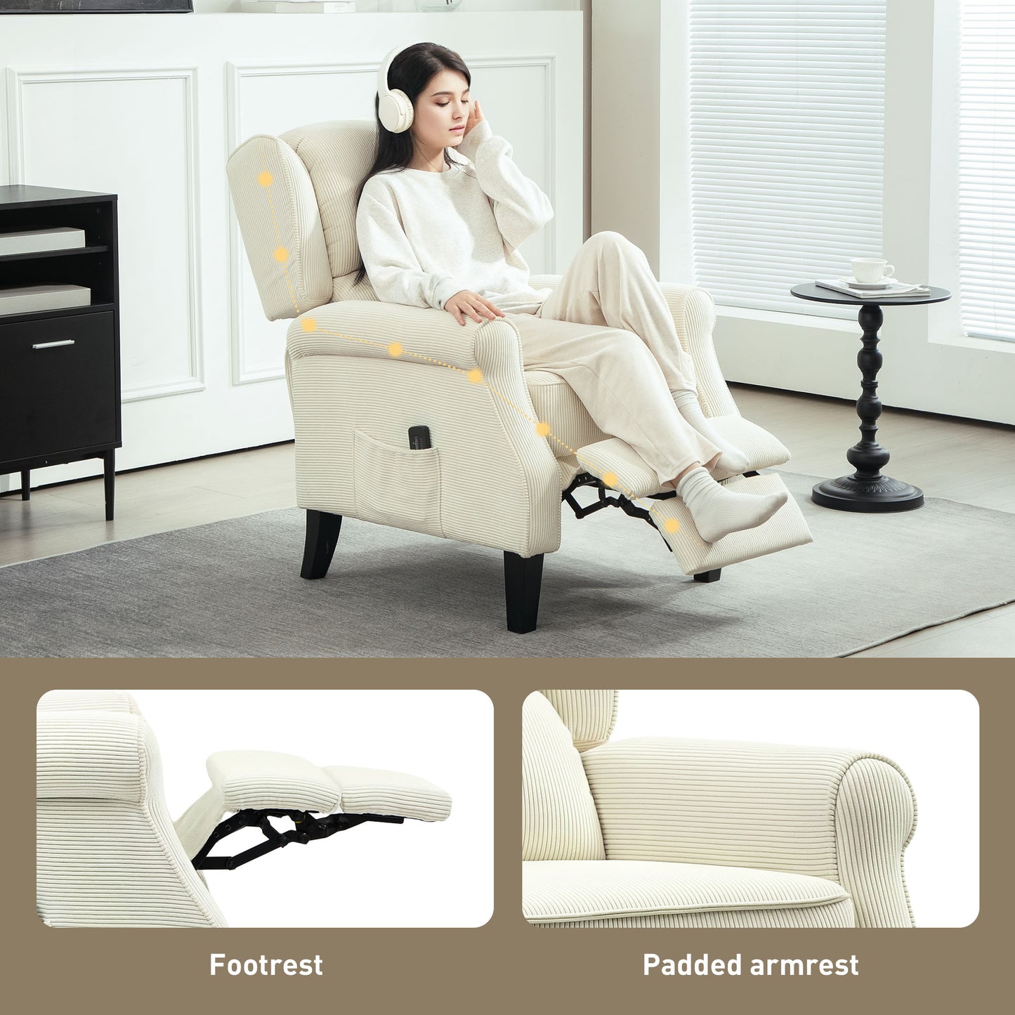 Fauteuil inclinable à dossier relevable avec massage par vibrations, repose-pieds extensible, télécommande, couleur crème
