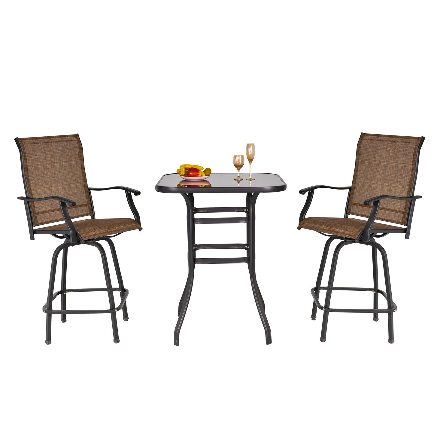 Outsunny 3 Piece Outdoor Patio Bar Set 2 Swivel Stool and 1 Bistro Table All-Weather Metal Frame for Balcony Backyard Deck Brown |
