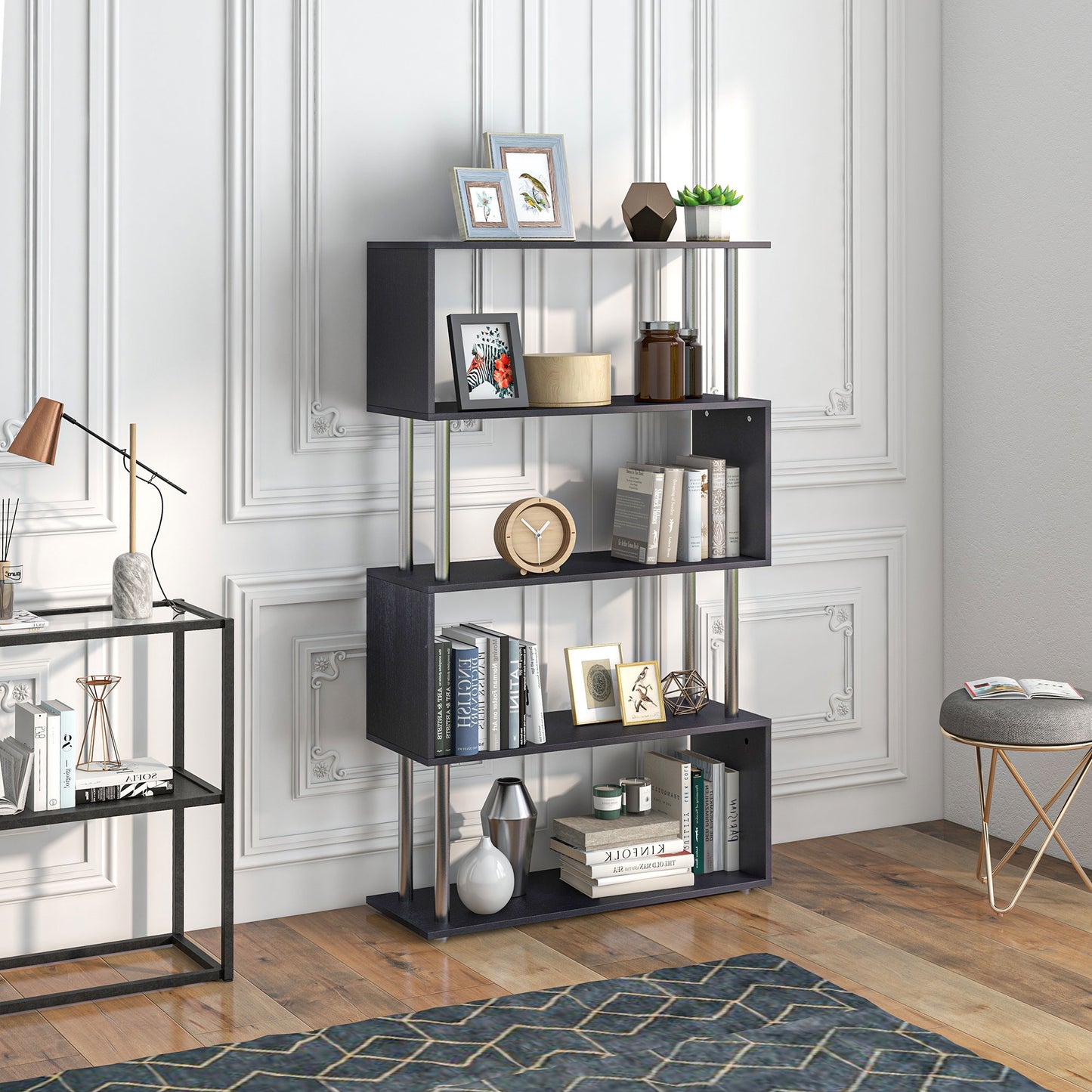 5-Tier Geometric Wooden Bookcase, Black