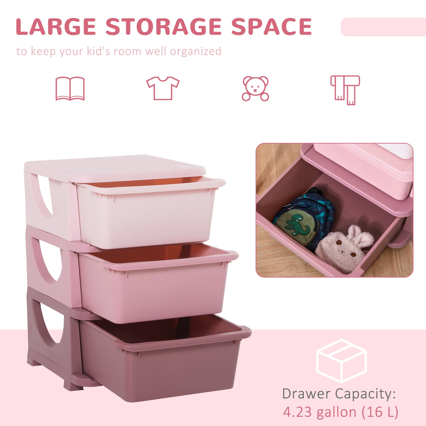 Organiseur de jouets pour enfants à 3 tiroirs en plastique, rose