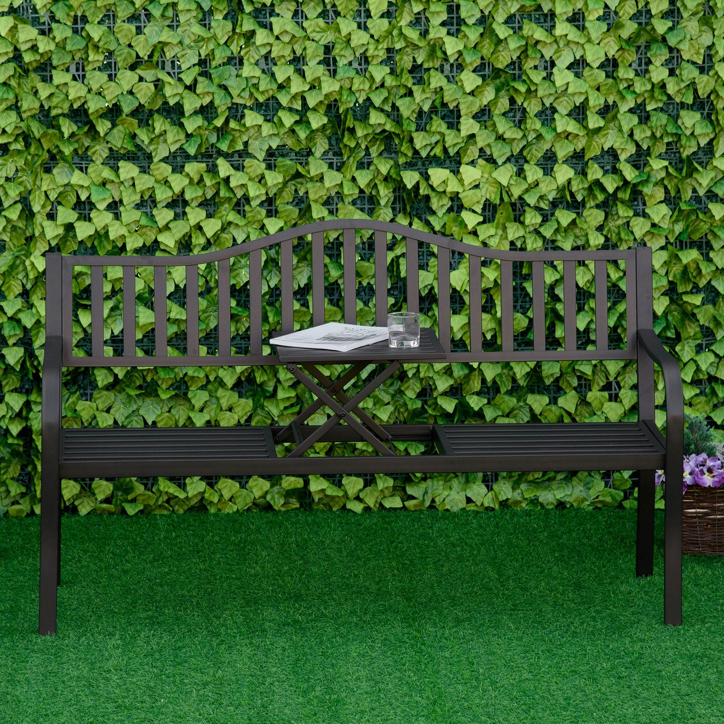Banc d'extérieur en métal avec table centrale relevable pour 2 à 3 personnes, noir