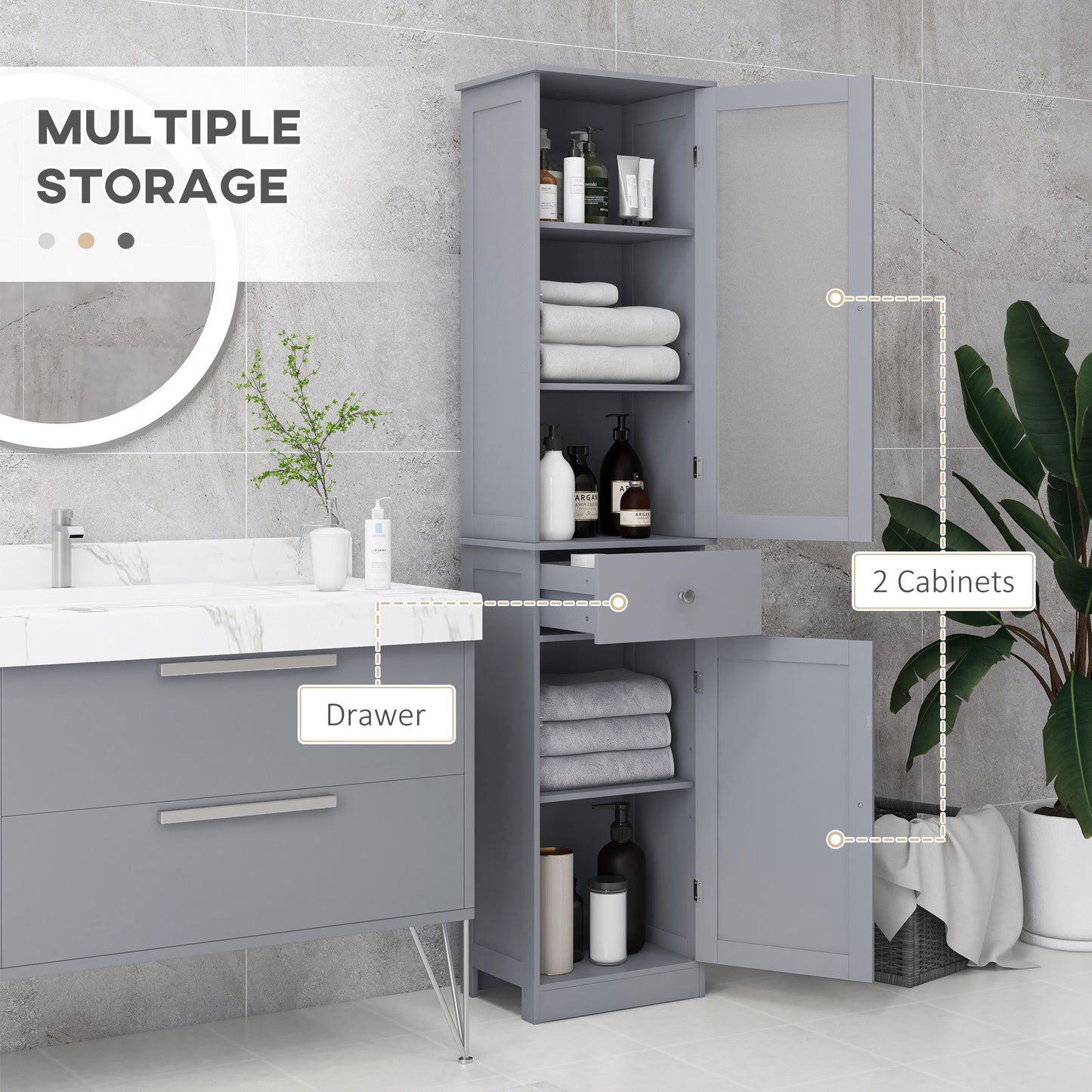 Armoire de salle de bain avec tiroirs, 2 portes et étagères réglables, gris