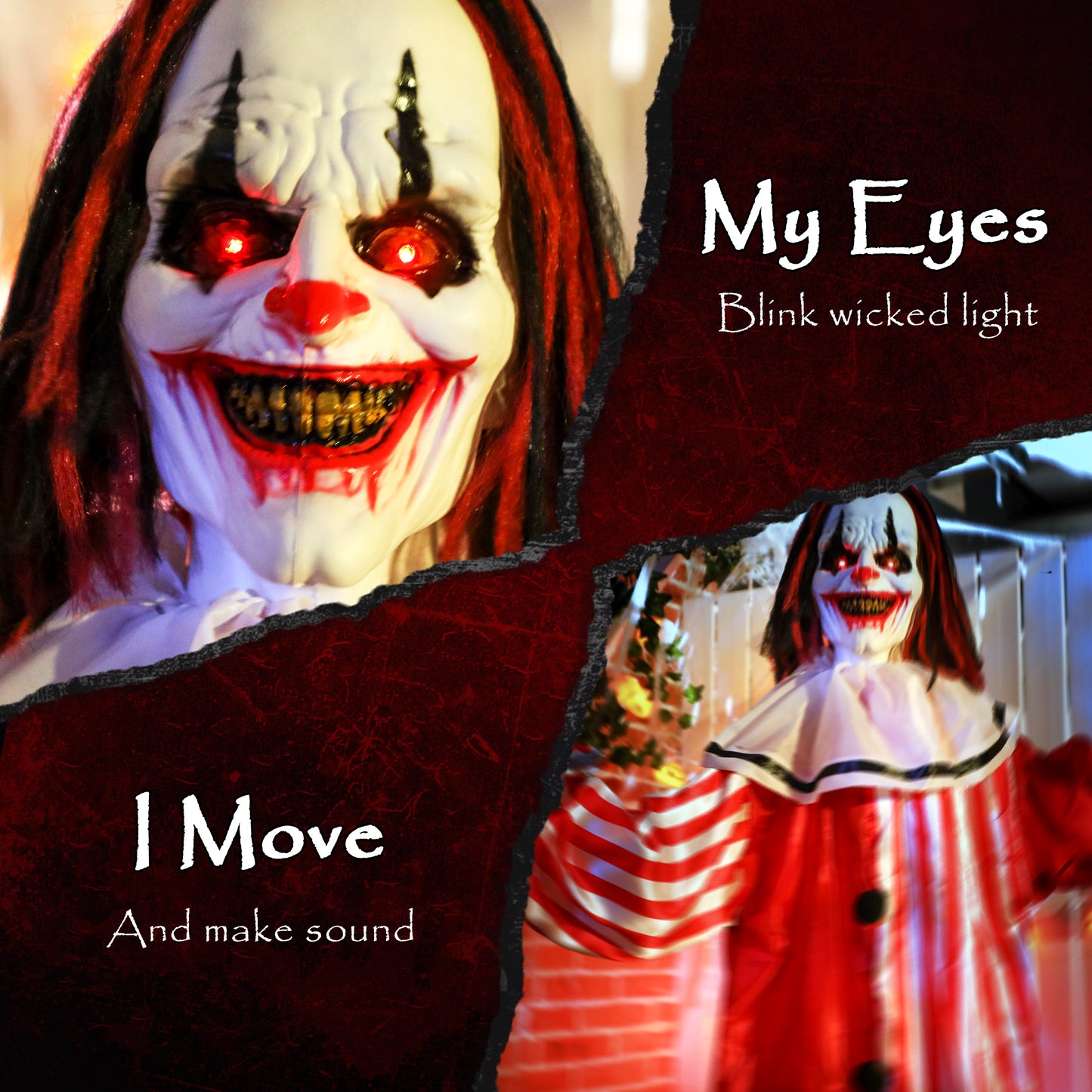 Clown animé grandeur nature pour Halloween, yeux rouges lumineux, activées par le son, fonctionne sur piles