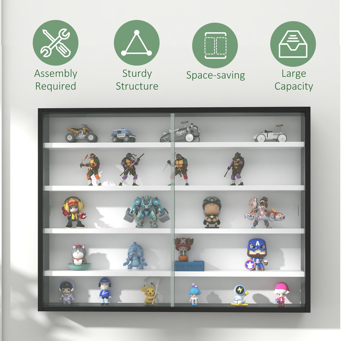 Vitrine à 5 niveaux avec 2 portes vitrées et 4 étagères réglables, noir