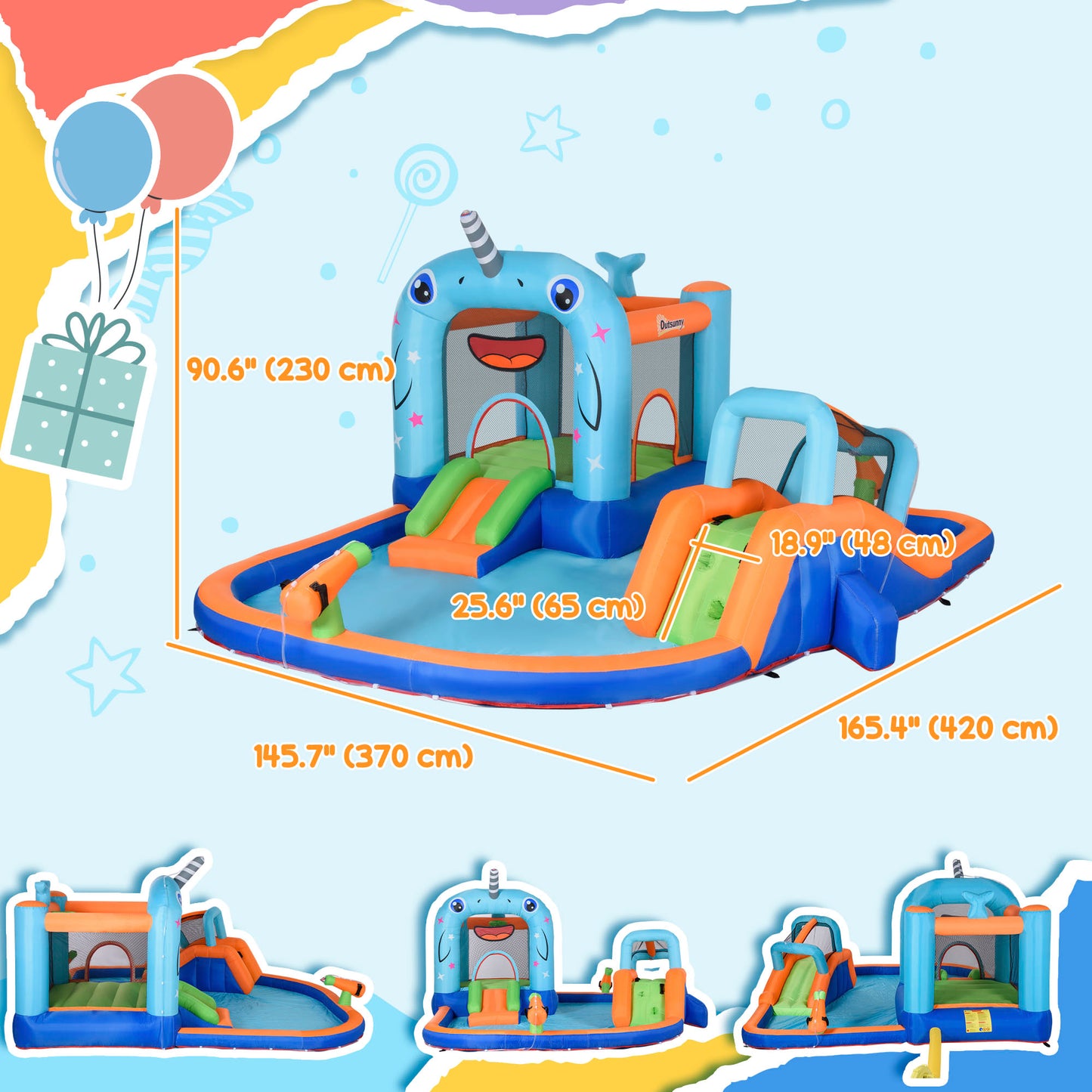 5 in 1 Narwhal Style Inflatable Water Slide for Kids with Slide, Trampoline, Pool, Water Gun, Climbing Wall, Carry Bag, 450W Air Blower