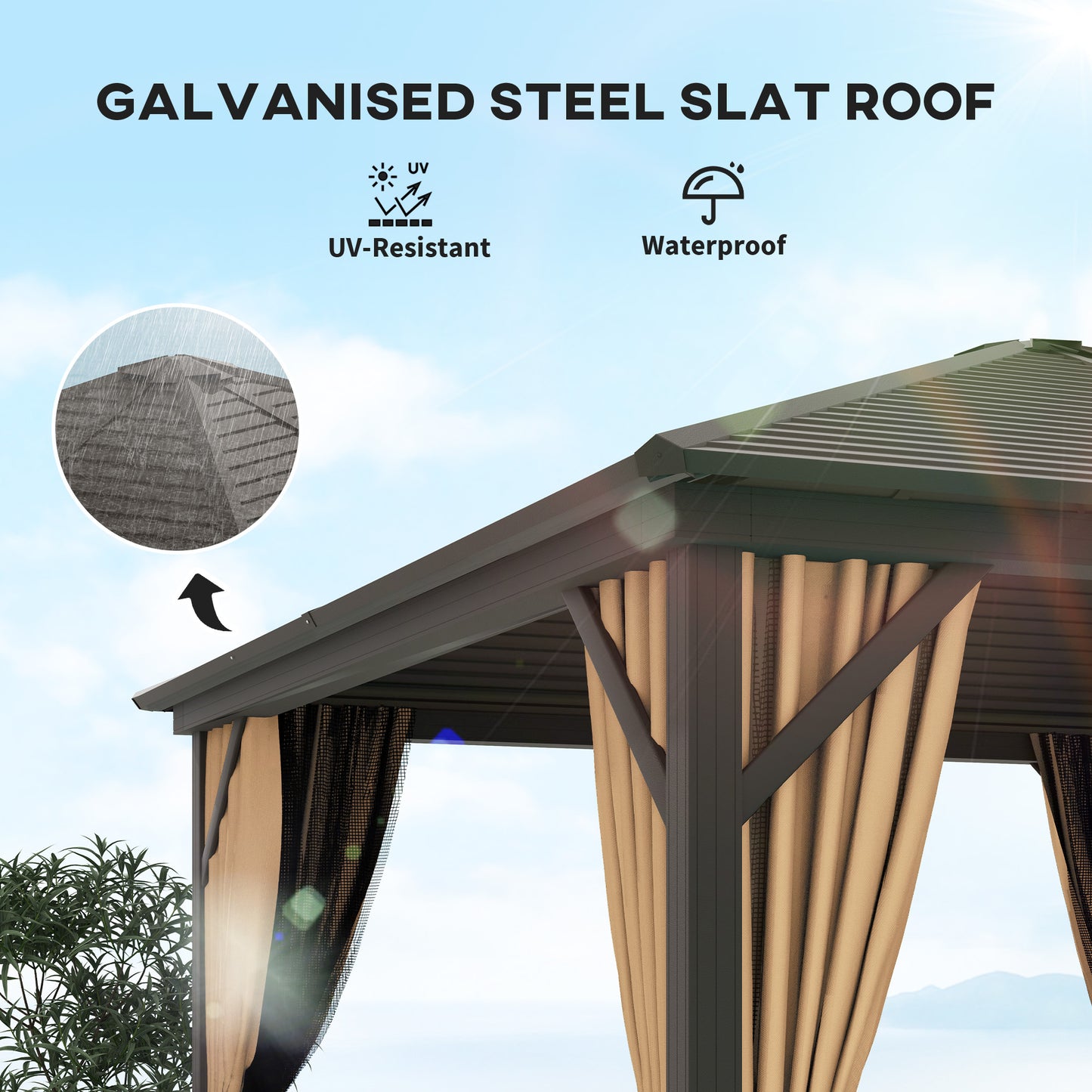 Gazebo 10' x 10' à toit rigide en aluminium avec moustiquaire, rideaux et crochet de suspension, marron