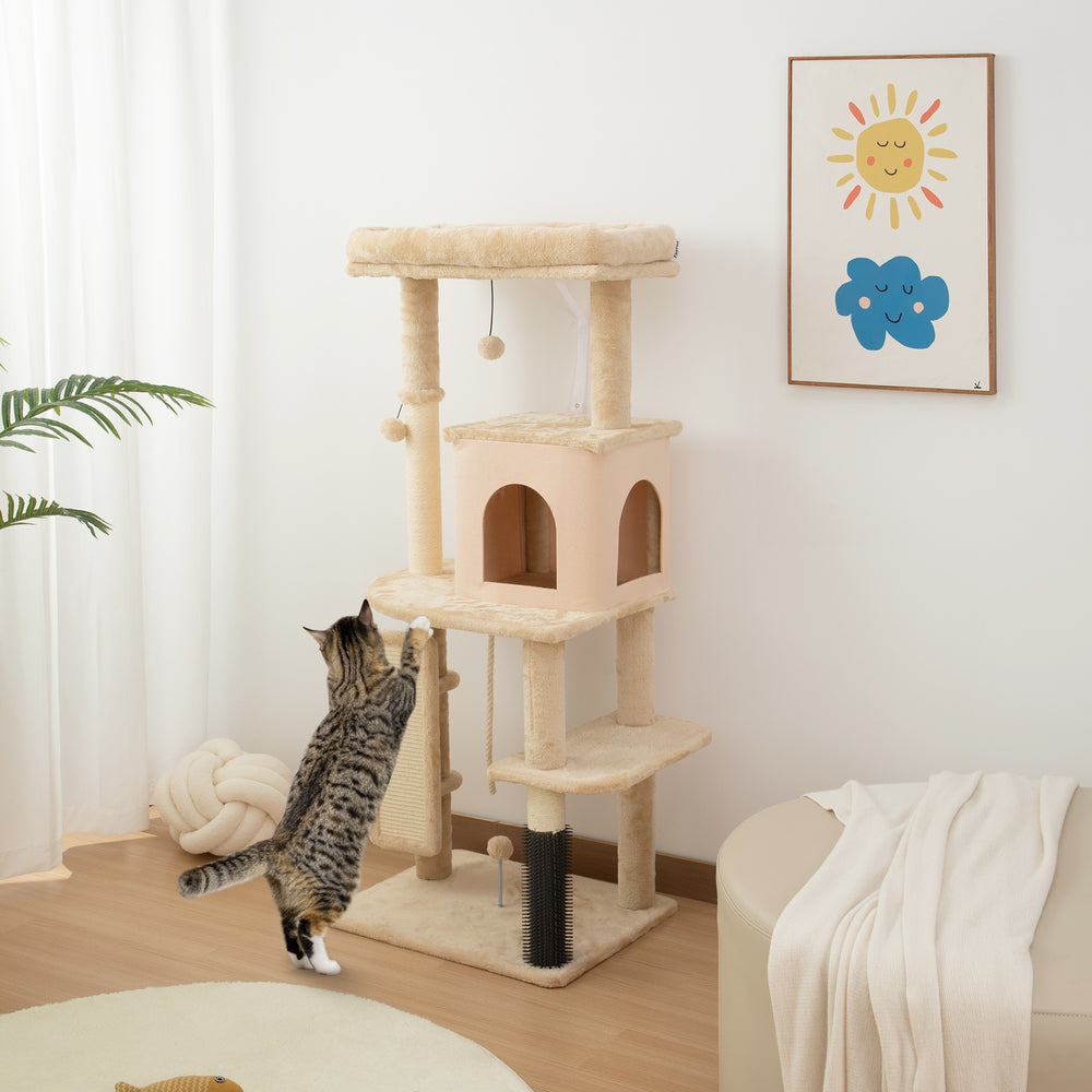 Arbre à chat de 132 cm avec griffoirs, panier, niche et brosse de toilettage, beige