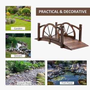 Wooden garden bridge, decorative arched walkway with safety railing